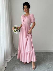 Modelyn 粉色女士短袖提花面料系领拼接设计浪漫夏日连衣裙 - 粉色 - 查看 5