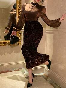 DAZY 亮片收腰高领中长连衣裙，适合婚礼宾客、派对、宴会等场合。 - 咖啡棕 - 查看 1