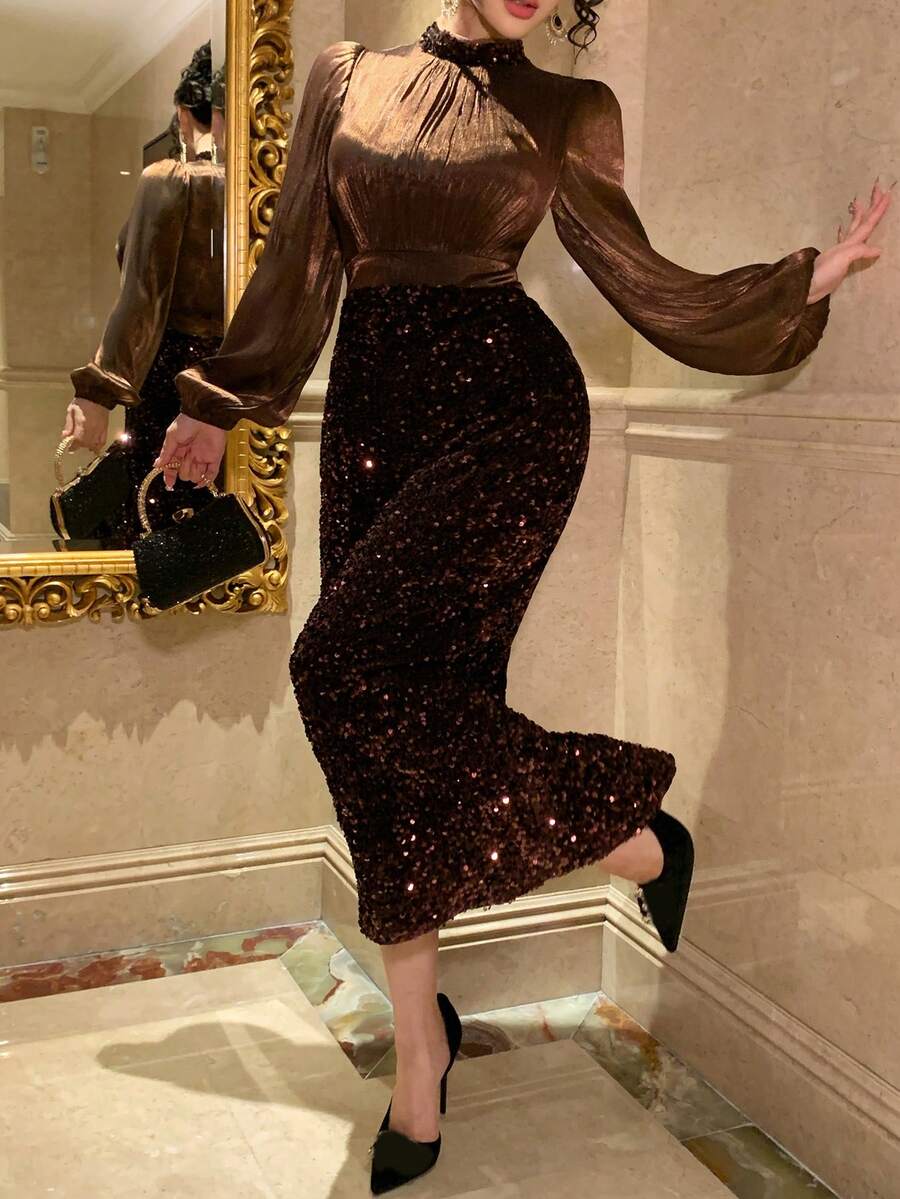 DAZY 亮片收腰高领中长连衣裙，适合婚礼宾客、派对、宴会等场合。 - 咖啡棕 - 查看 1