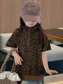 Dazy Kids Leopard Print Zip-Up Casual Short Sleeve Sweatshirt For Young Girls - Brown - View 5