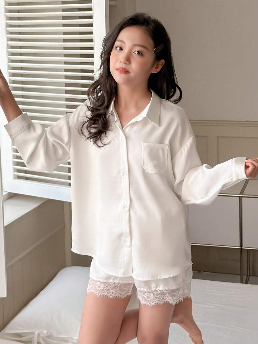 DAZY Tween Girls' Dropped Shoulder Long Sleeve Front Button Loose Casual Loungewear - White - View 1