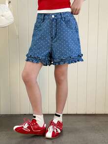 DAZY Tween Girls' Polka Dot Print Denim Shorts, Fall - Blue - View 3