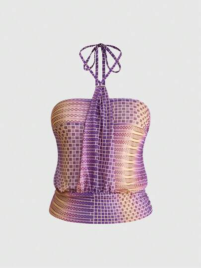 ROMWE J-Fashion Spring And Summer Y2K Street Style Ombre Plaid Print Ruched Halter Neck Plus Size Women Tank Top