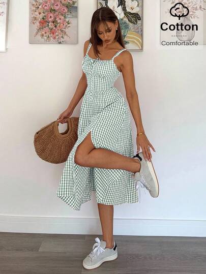 Siren Gaze Women's Summer Lace-Up Sides Slit Hem Plaid Strap Midi Dress Women Summer Clothing Women Summer Sets Woman S Summer Clothes Women Plus Sun Dress Women S Clothes Cotton Summer Dress Gingham Dress Summer Dress Women Casual Summer Dress Picnic Dress Gingham Summer Dress Summer Dress For Women Green Vacation Christmas Holiday Resort