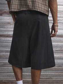 AXEPEAK Quần short nam dáng rộng, màu trơn, có túi, xếp ly, kiểu dáng thường ngày. - màu đen - Xem 2