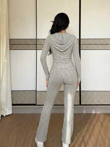 Almamuse 2026 New Spring/Summer Casual Fashion Everyday Versatile Hooded Sweatshirt With Slim Waist And Pockets, Flared Pants, Cloud-Feel Fleece Fabric, Women's Two-Piece Set, Women's Cloud-Feel Fleece Two-Piece Set, Women's Khaki Two-Piece Set, Suitable For Outings, Casual Set, Elegant Set - Khaki - View 2