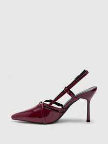 CUCCOO BIZCHIC Niche Design French Pointed Toe High Heels, French Elegance + Mature Sexy Style, Glossy Material, Criss-Cross Strap + Metal Buckle Decor, Suitable For Women, Daily Commute, Dating, Light Workplace And Other Occasions - Burgundy - View 10