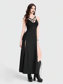 Breakform Đầm Gothic gợi cảm dành cho nữ, cổ chữ V khoét rỗng hình ngôi sao năm cánh, dây mảnh, ôm sát cơ thể, xẻ tà cao. - màu đen - Xem 4