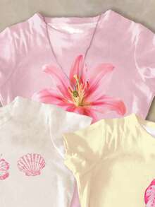 Bộ 3 áo thun ngắn tay cổ tròn in họa tiết hoa Dopamine, màu kem vàng, kem hồng, trắng, kiểu dáng tối giản, đa năng dành cho nữ tuổi teen, phù hợp mặc hàng ngày vào mùa xuân/hè, ở nhà hoặc đi nghỉ mát. - Nhiều màu - Xem 3