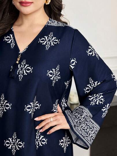 Al Najma Plus Size Women Floral Pattern V-Neck Tassel Design Arabic Style Dress