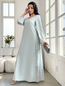 Yasmyna 女士常规肩部喇叭袖连衣裙，时尚简约设计，宽松版型 - 淺藍色 - 查看 3