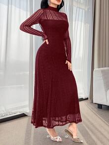 Feyla Đầm dài tay dáng chữ A thanh lịch bằng ren dành cho nữ - Màu Đỏ Sâu - Xem 4