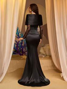 Glamrae Sang trọng, quyến rũ, lãng mạn và thời trang, chiếc đầm đen này có điểm nhấn là viền ren lông mi trên chất liệu satin co giãn, cổ áo có cấu trúc, tay dài, thiết kế 2 trong 1 và đuôi váy đuôi cá. Phù hợp cho mọi dịp trang trọng, bao gồm đám cưới, tiệc sinh nhật và những buổi dạ hội lộng lẫy. Đầm dạ hội dài tay màu đen. - màu đen - Xem 3