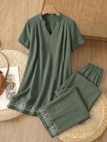 Rusticease Women's V-Neck Geometric Print Long Sleeve Top And Wide Leg Pants Casual Outfit - Army Green - View 1