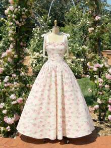 SHEIN MOD 梦幻浪漫的郁金香印花长裙，喇叭裙摆，荷叶边装饰，系带蝴蝶结——完美适用于度假、约会、野餐、派对、舞会、节日和生日等场合；浪漫又可爱 - 彩色 - 查看 3