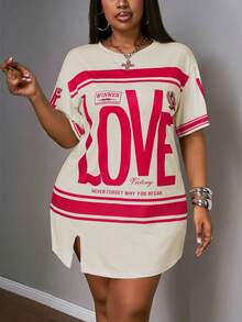 Slaydiva Đầm ngắn tay màu hồng xẻ tà bên hông, dáng suông, cỡ lớn, thích hợp cho kỳ nghỉ xuân sớm, kiểu dáng thường ngày, dành cho người có thân hình đầy đặn. - Màu Hồng Tươi - Xem 1