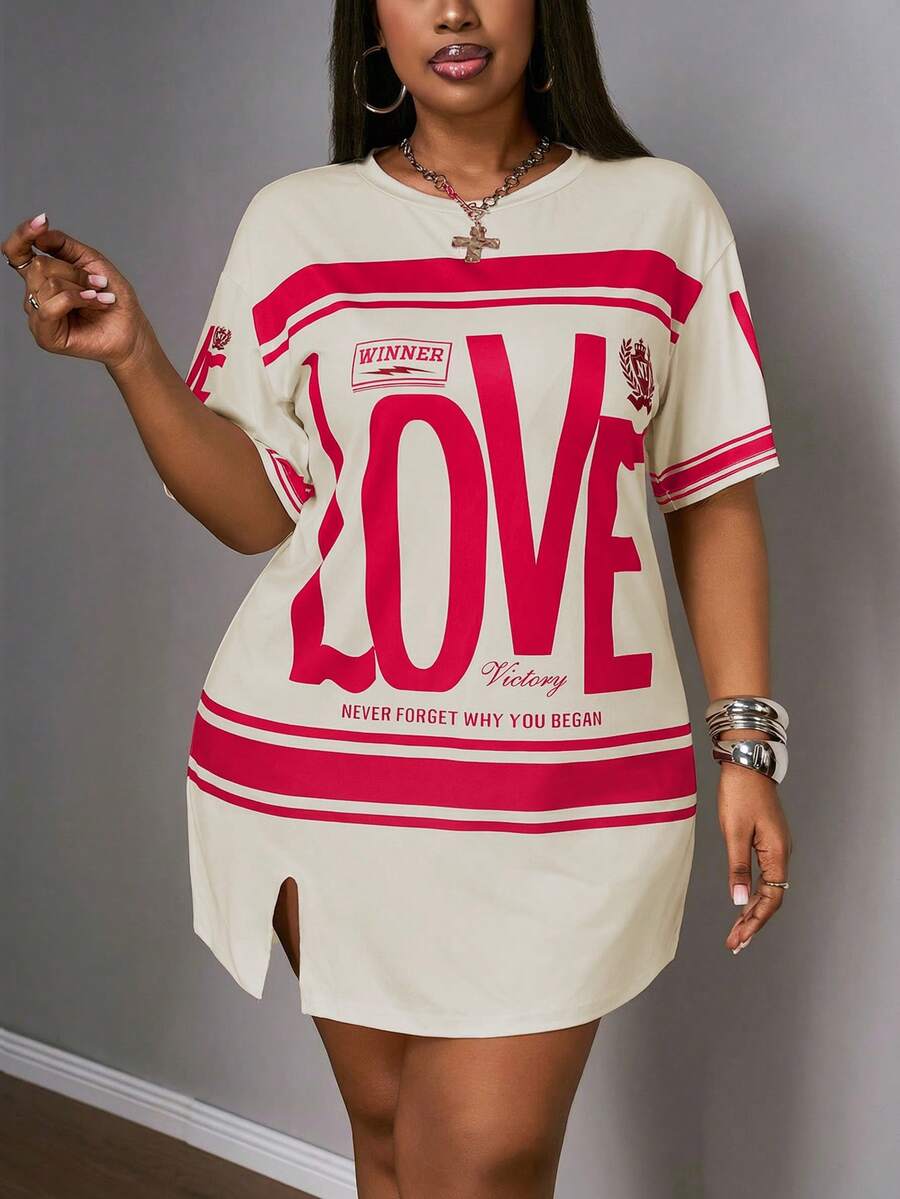 Slaydiva Đầm ngắn tay màu hồng xẻ tà bên hông, dáng suông, cỡ lớn, thích hợp cho kỳ nghỉ xuân sớm, kiểu dáng thường ngày, dành cho người có thân hình đầy đặn. - Màu Hồng Tươi - Xem 1