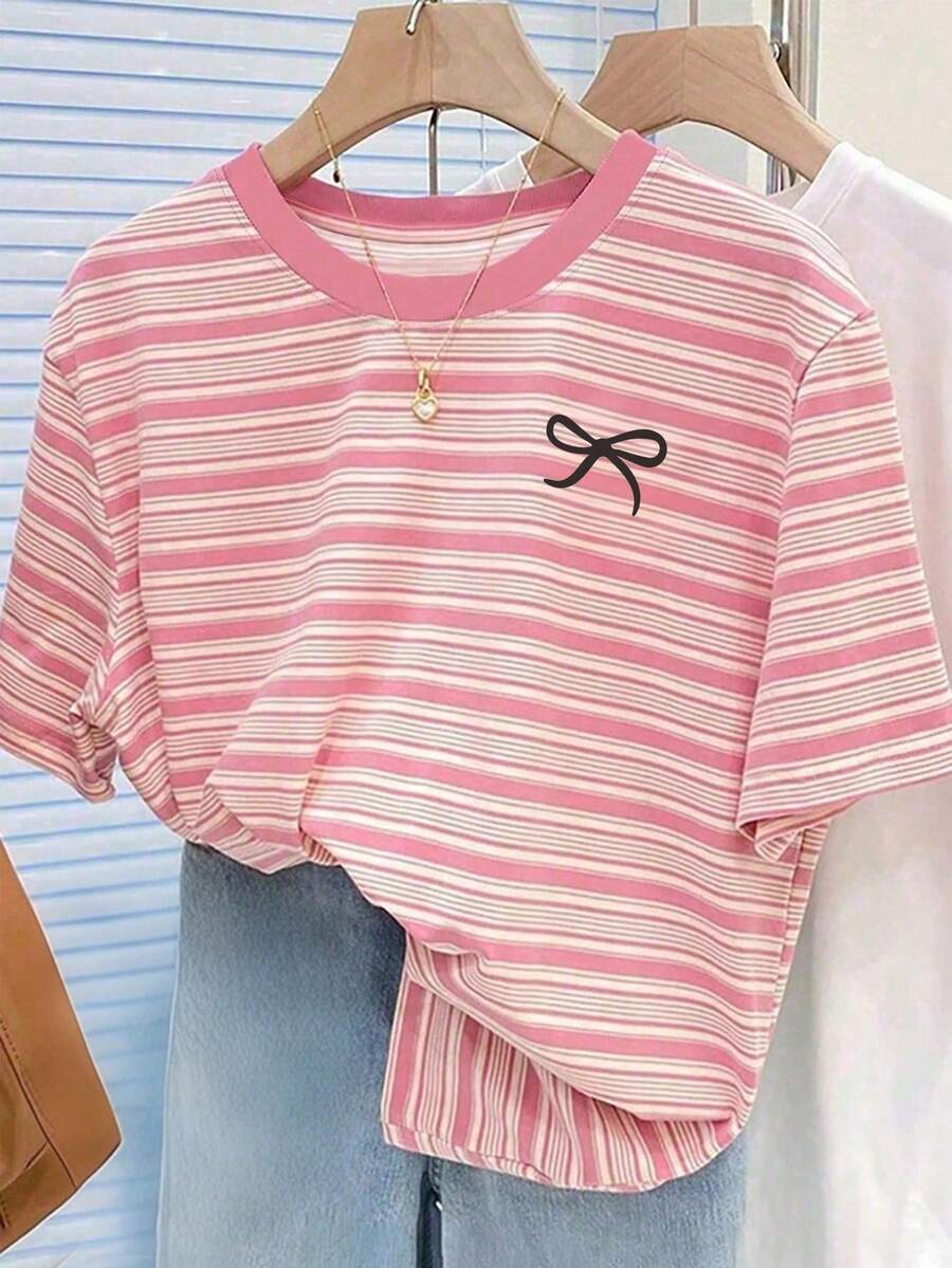 夏秋季休闲时尚女童复古彩色条纹黑色蝴蝶结印花圆领短袖宽松T恤,舒适的夏秋季风格,适合少女日常穿着,休闲圆领上衣简约设计,适合少女,粉色条纹适合女性日常休闲穿着,时尚四季度假皆宜 - 彩色 - 查看 1