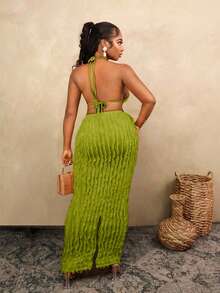 BamGleam 女士纯色露背不对称下摆上衣和半身裙两件套，曲线裙套装两件套，绿色长裙套装两件套，曲线生日装，牙买加装，大码度假装，女士，度假，夏季假日装，女士假日装，假日，女士度假装，春夏 - 橄欖綠 - 查看 2