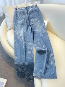 GlowEve Quần jeans ống rộng dáng casual in hoa, túi xéo dành cho nữ - Rửa nhẹ - Xem 2