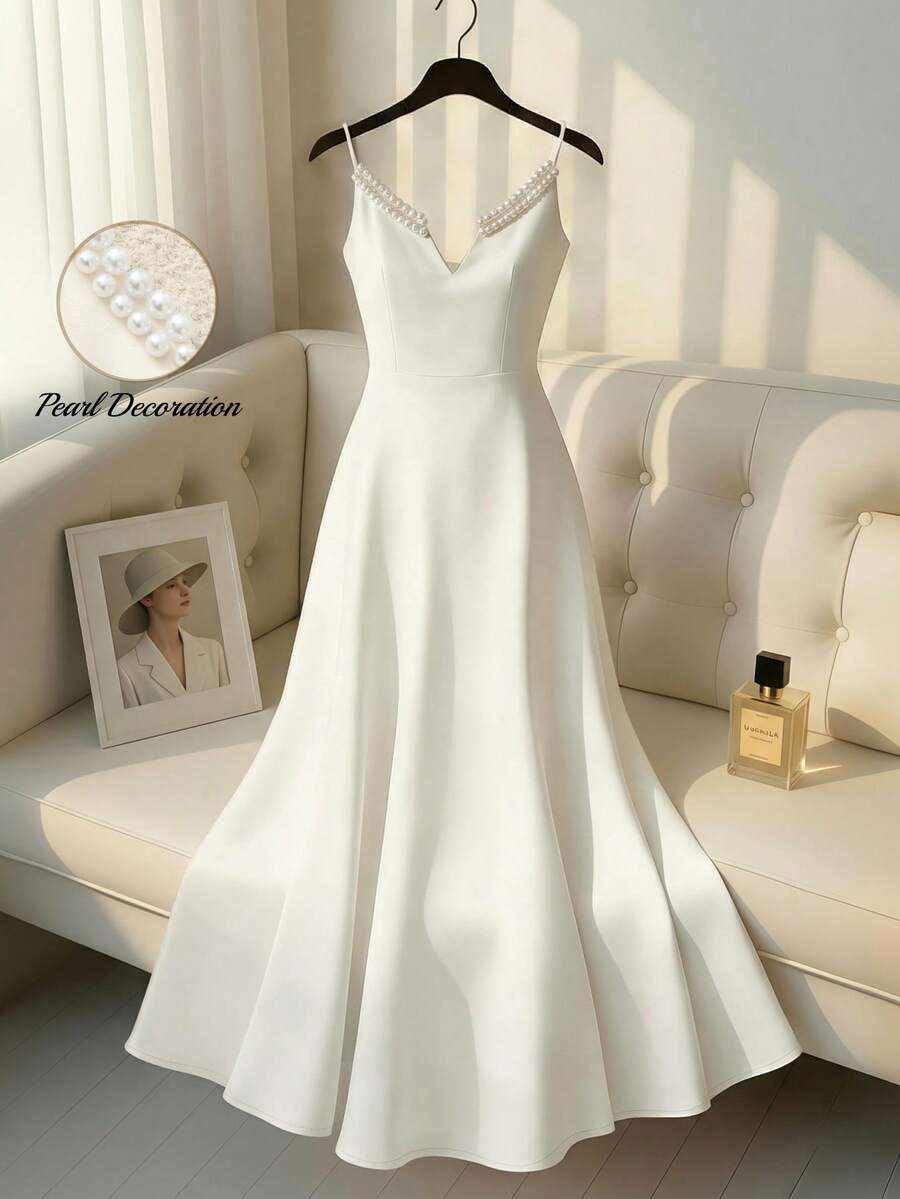 Franclia Đầm nữ dáng xòe eo, cổ đính ngọc trai thanh lịch, thích hợp cho buổi hẹn hò ngày Valentine, tiệc cưới, được chế tác tinh xảo. - Màu be - Xem 1
