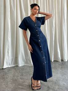 Siren Gaze 欧美女式时尚设计深色牛仔长裙 - 深色水洗藍 - 查看 3