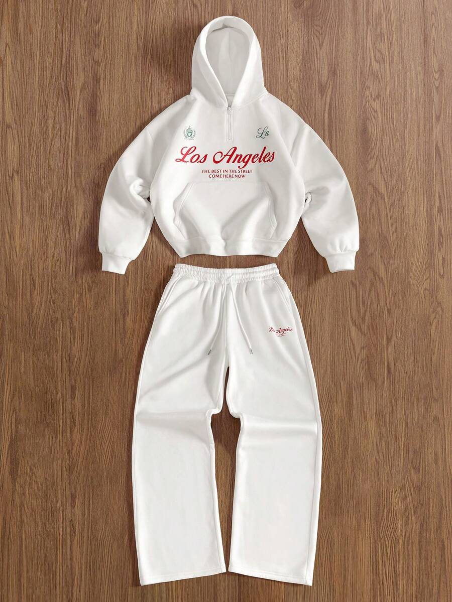 TOKVUE Men's Long Sleeve Half-Zip Casual Fashionable Versatile Daily Hoodie Set - White - View 1