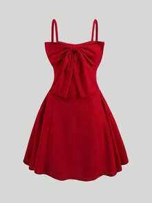 SHEIN 少女优雅可爱无袖红色A字拼接连衣裙，饰有蝴蝶结，适合情人节、婚礼季等场合。 - 紅色 - 查看 3