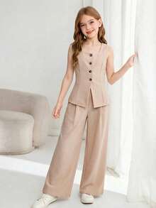 SHEIN Tween Girls' Casual Elegant Commute Street Fashion Jacquard Striped Button-Front Sleeveless Vest Top And Straight Leg Pants Set - Khaki - View 3