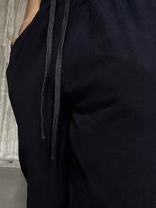 Ngobest Haus Ngobest Haus 男士亚麻长裤，轻便抽绳沙滩透气裤，松紧腰亚麻绳男士长裤，适合男士度假、夏季休闲通勤宽松街头服饰 - 黑色 - 查看 3