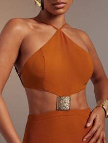 Hauture 女士性感装饰吊带露背长裙 - 鏽棕色 - 查看 3