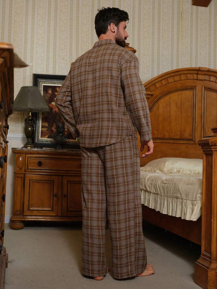 Spring Multi-Color Plaid Long Sleeve Shirt And Pants Men's Pajama Set