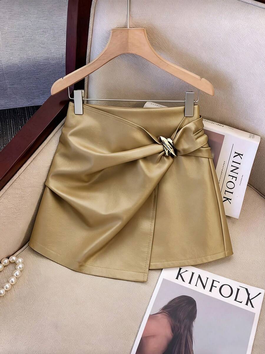 Franclia Chân váy da nữ thời trang, thanh lịch, đa năng, bất đối xứng, trang trí khóa kim loại. - Vàng - Xem 1