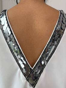 SHEIN Raffinéa Women's Sleeveless V-Neck Sequin Embellished Elegant Minimalist Short Dress White Mini Dress White Sequin Dress Sleeveless White Dress Women Mini Dresses White Club Dress - White - View 8