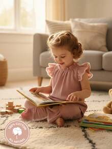 SHEIN 2pcs/Set Baby Girls' Cute Floral Ruffle Trim Round Neck Top And Elastic Waist Bell-Bottom Pants Set, Comfortable & Casual, Suitable For Spring/Summer Outings And Gifts, 6 Months - 3 Years - Pink - View 1