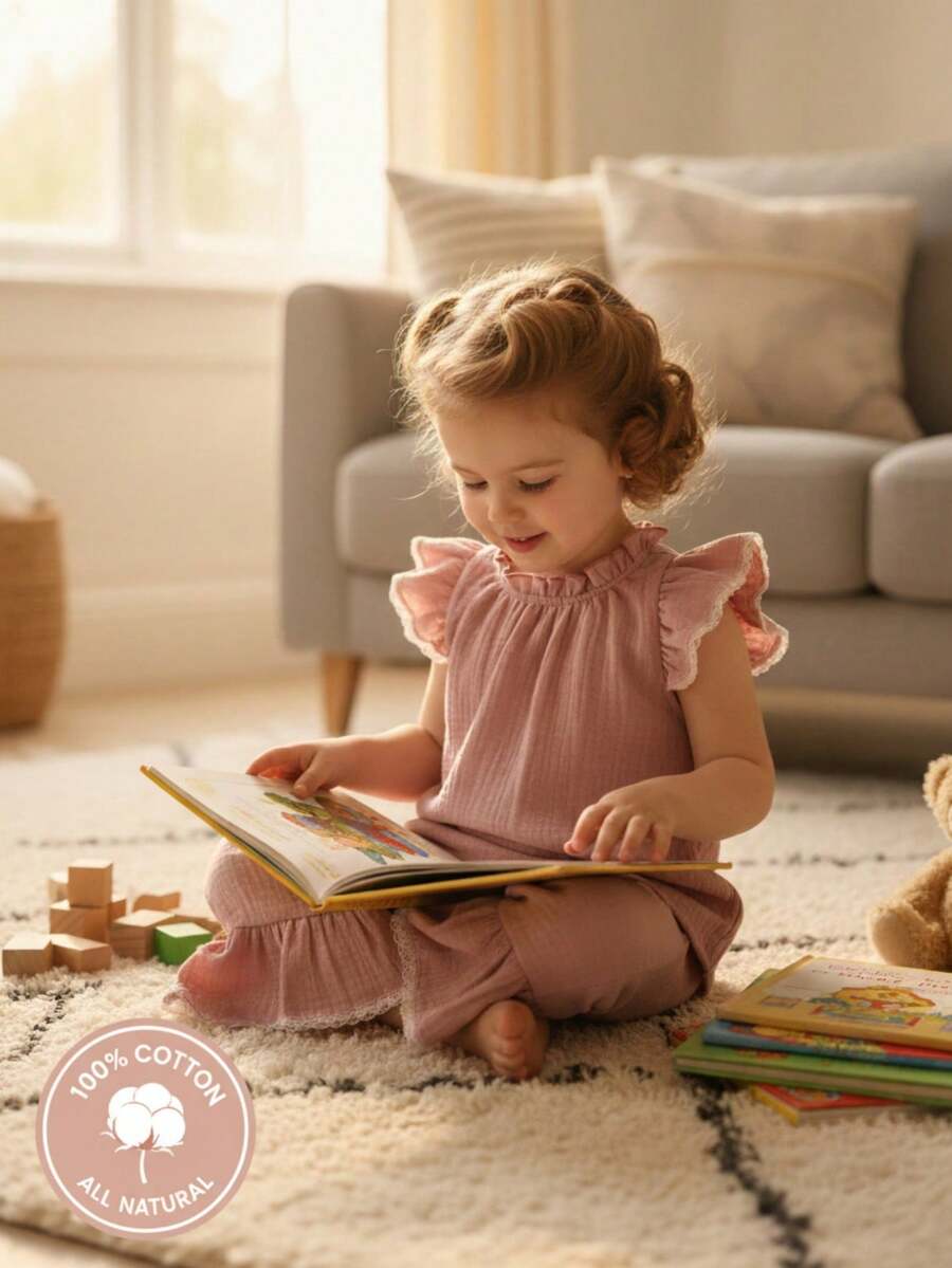 SHEIN 2pcs/Set Baby Girls' Cute Floral Ruffle Trim Round Neck Top And Elastic Waist Bell-Bottom Pants Set, Comfortable & Casual, Suitable For Spring/Summer Outings And Gifts, 6 Months - 3 Years - Pink - View 1