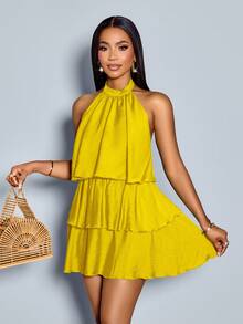 SOLERSUN Women's Halter Neck Yellow A-Line Mini Dress With Tiered Hem And Sleeveless Design Casual - Yellow - View 6