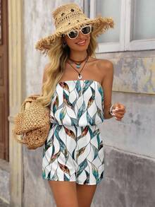 Brillora 女士休闲简约度假波西米亚风印花抹胸连体裤，适合外出、派对、婚礼、海滩、音乐节、嘉年华、生日、旅行等场合。 - 白色 - 查看 4