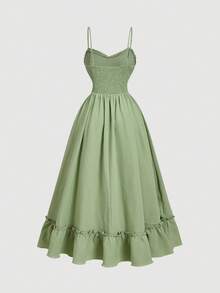 SHEIN MOD Women's Solid Color Waist Contrast Lace Elegant Spaghetti Strap Dress,Summer,Vacation Outfits, Retro, Vintage,Country Outfits,  Going Out,Teacher Outfits For Women,Date, Picnic, Party, Prom, Festival,Birthday Wear, Cottagecore Dress,Tea Party Dress,Milkmaid Dress,French Style Dress,Floral Print Dress - Green - View 3