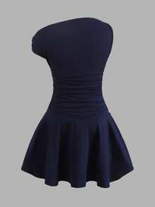 SHEIN 少女休闲不对称收腰短袖连衣裙 - 藏蓝色 - 查看 2