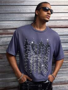 AXEPEAK Men's Graphic T-Shirt, Knitted Sweatshirt, Letter Pattern, White Pearl Embellishment, Loose Short-Sleeved T-Shirt. - Grey - View 8