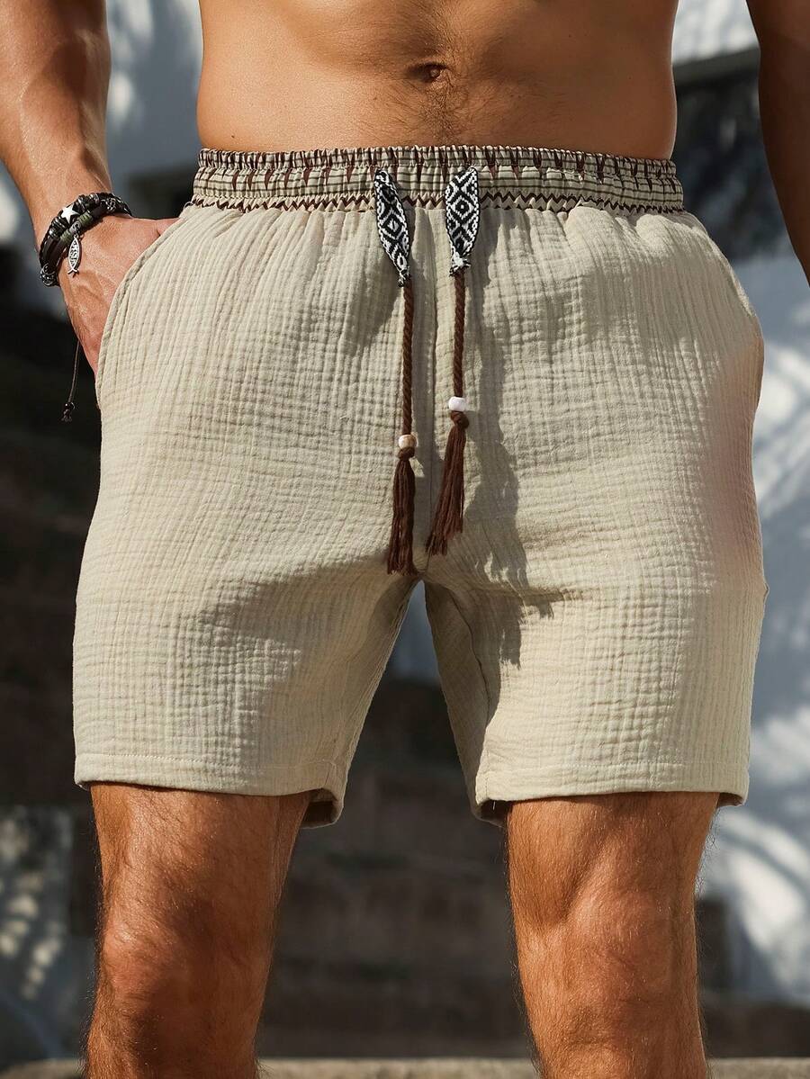 Manfinity RSRT 男士夏季休闲棉质抽绳腰斜插口袋纹理短裤 - 卡其色 - 查看 1