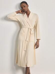 Ocili Women's Striped Fleece Soft Loungewear Robe - Apricot - View 6
