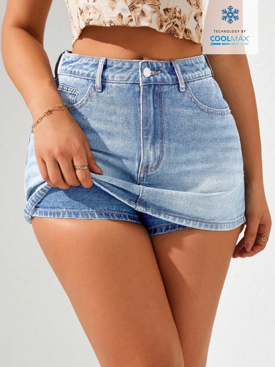 Breezaya Quần short denim nữ dáng rộng, chất liệu denim mài, thích hợp cho mùa hè. - Rửa nhẹ - Xem 1