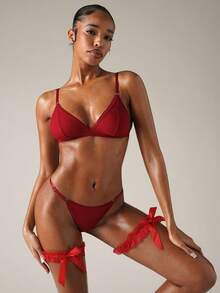 SHEIN BAE 1 Par Suspensório de Renda Vermelha Sexy com Decoração em Laço e Lacinho - Vermelho - Visão 4