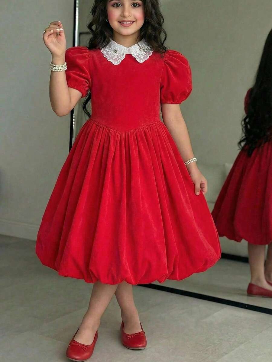 SHEIN 少女優雅拼色娃娃領花瓣袖荷葉邊洋裝 - 黑色 - 查看 1
