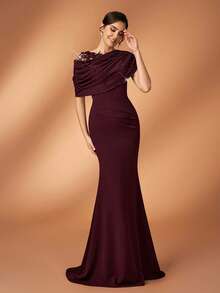 Serin 优雅浪漫奢华黑色弹力针织撞色网纱不对称荷叶边美人鱼裙摆连衣裙，饰有贴花、珠子和水钻设计，适合晚宴、约会、婚礼、新娘母亲礼服 - 紫紅色 - 查看 2