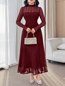 Feyla Đầm dài tay dáng chữ A thanh lịch bằng ren dành cho nữ - Màu Đỏ Sâu - Xem 5