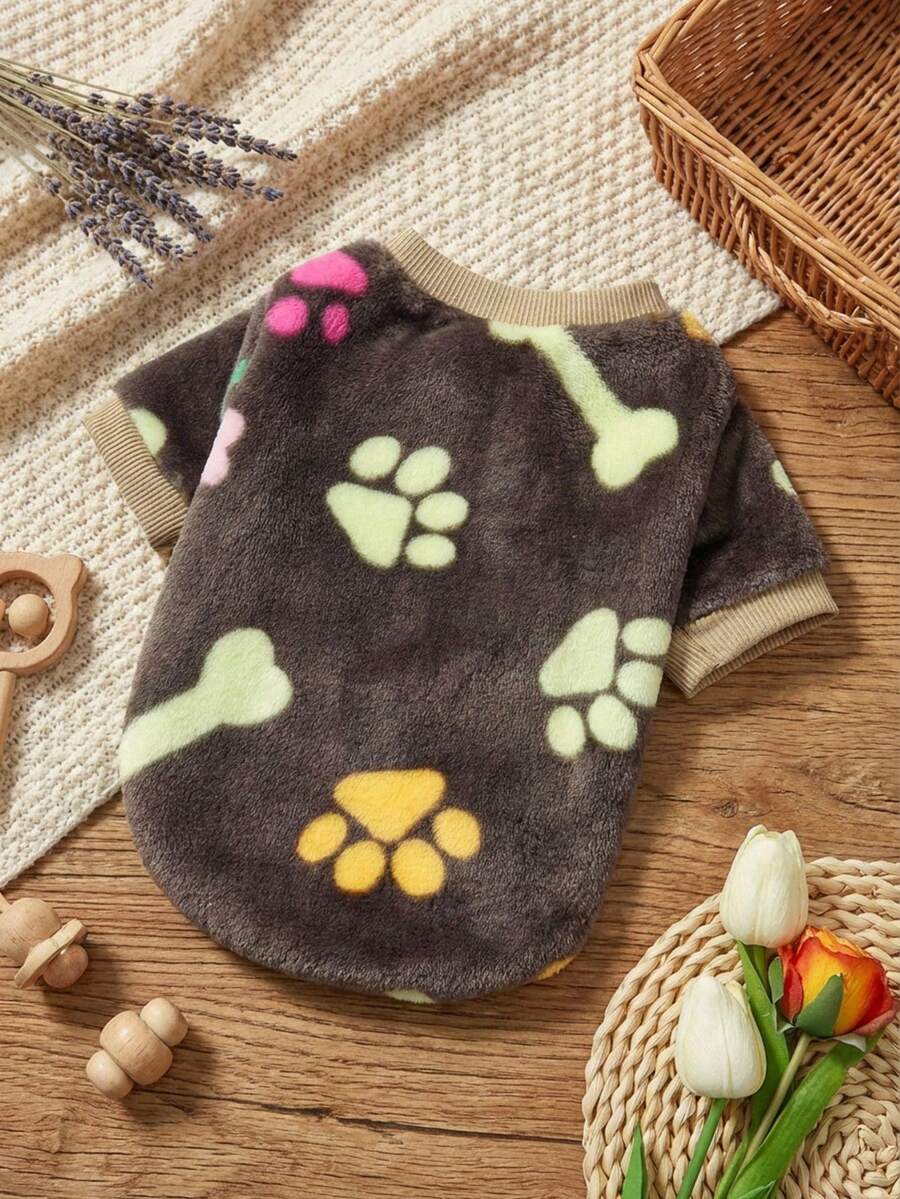 PETSIN 1 Pc Pet Dog/Cat Bone & Paw Print Warm Crew Neck Sweatshirt, Brown Fleece - Multicolor - View 1