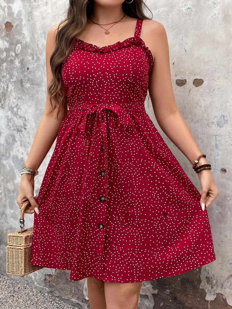 SHEIN CURVE+ Đầm mùa hè kiểu boho mùa hè dành cho nữ cỡ lớn, in chấm bi, dây mảnh, thích hợp cho dịp năm mới. - Màu Đỏ Sâu - Xem 1